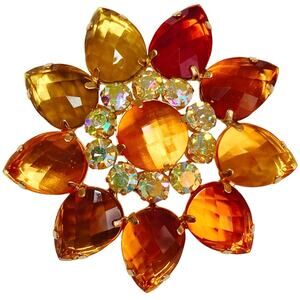 VTG  Signed Joan Rivers Fall Autumn Colorful Brooch Amber Rhinestone Sparkling